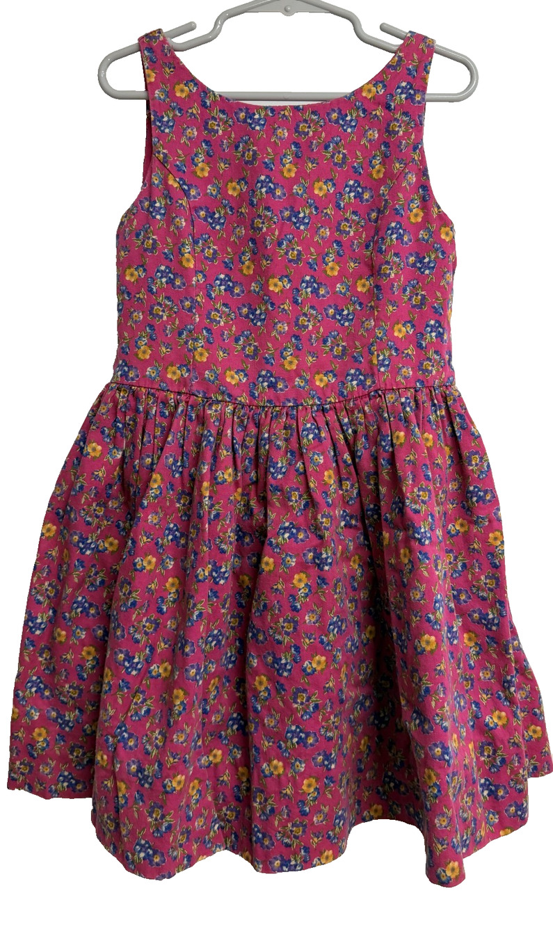 VTG Ralph Lauren Fit Flare Dress Girls 7 Pink Blue Floral Button Back Sleeveless